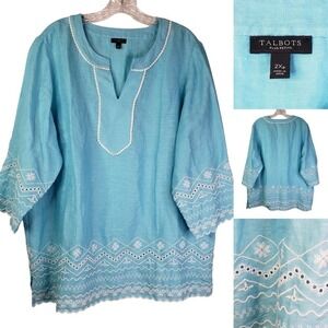 Talbots Womens Plus Sz 2XP Petite Blue Cotton Linen Popover Tunic Top